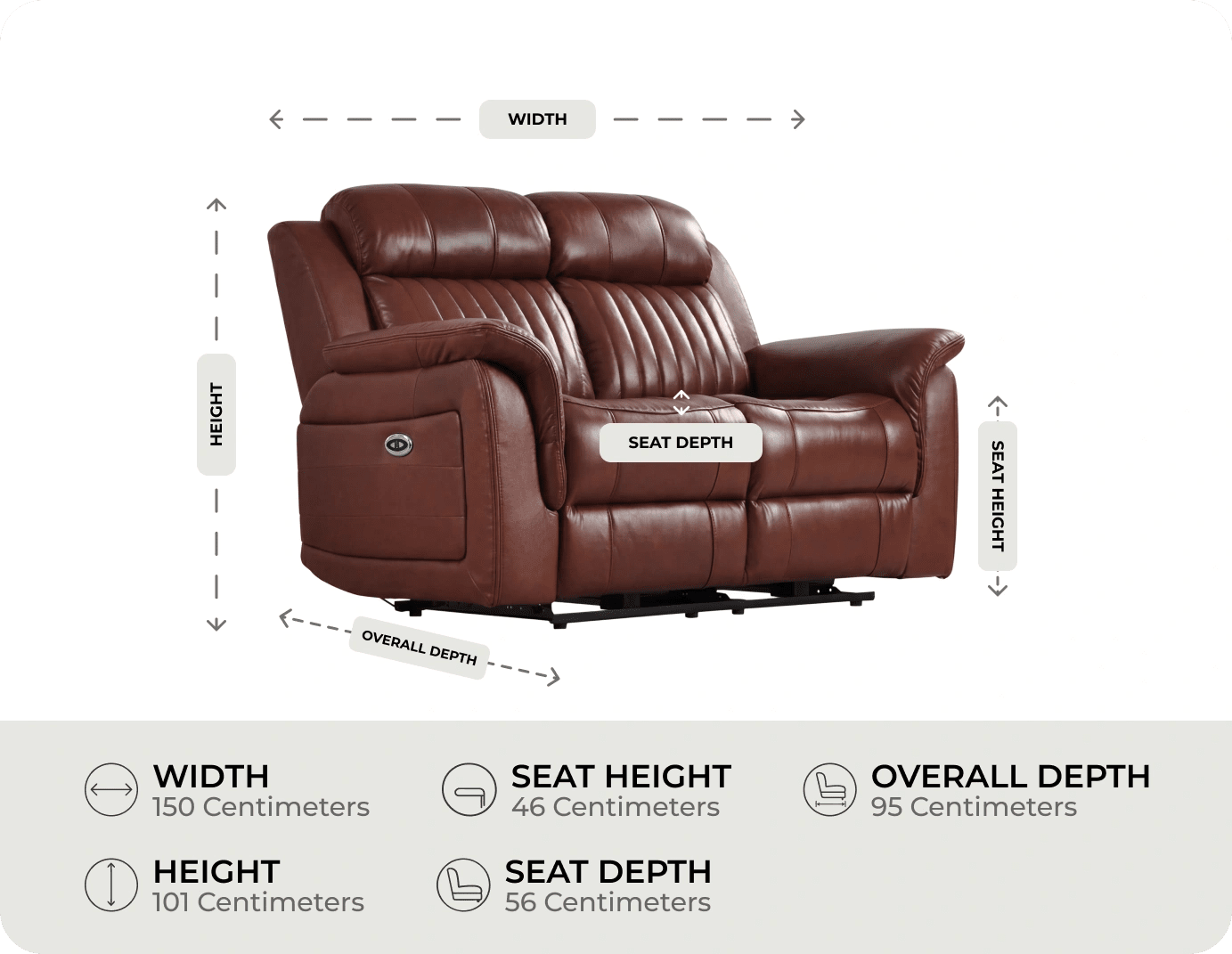 Martini Genuine Leather Tan Electric Power Recliner 2 Seater Sofa measurement 