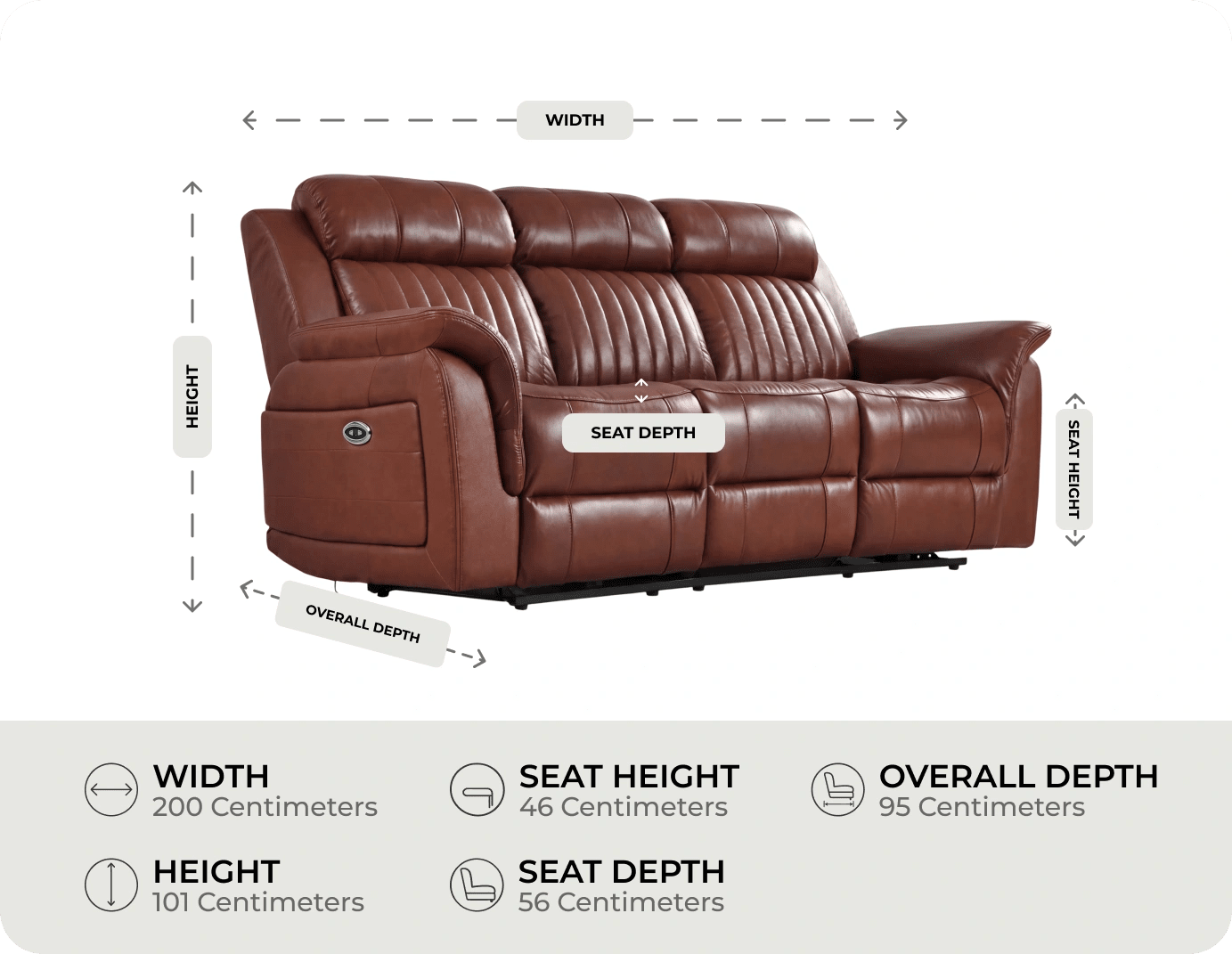 Martini Genuine Leather Tan Electric Power Recliner 3 Seater Sofa measurement 