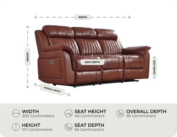 Martini Genuine Leather Tan Electric Power Recliner 3 Seater Sofa measurement 