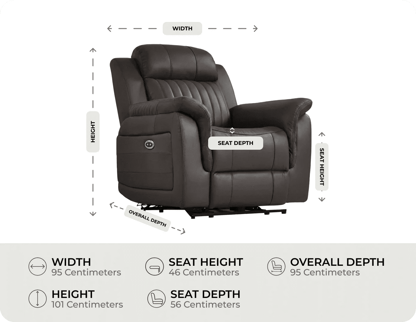 Martini Genuine Leather Grey Electric Power Recliner Armchair measurement
