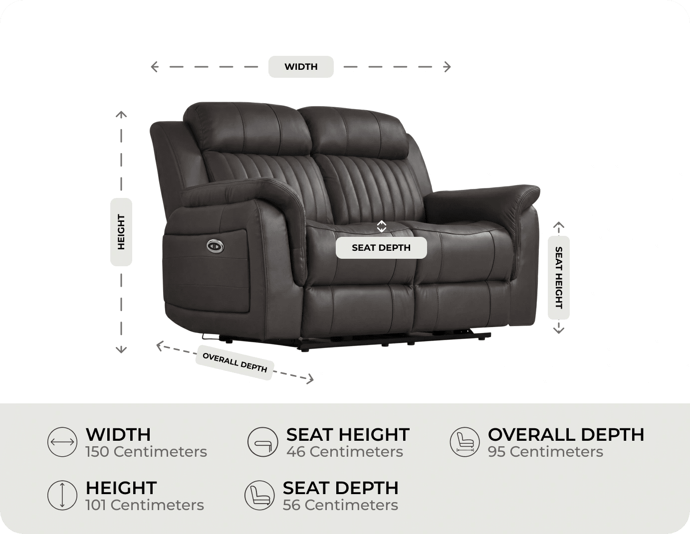 Martini Genuine Leather Grey Electric Power Recliner 2 Seater Sofa measurement