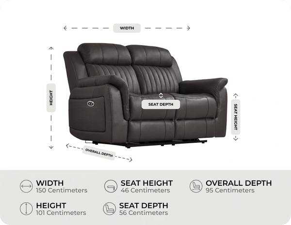 Martini Genuine Leather Grey Electric Power Recliner 2 Seater Sofa measurement