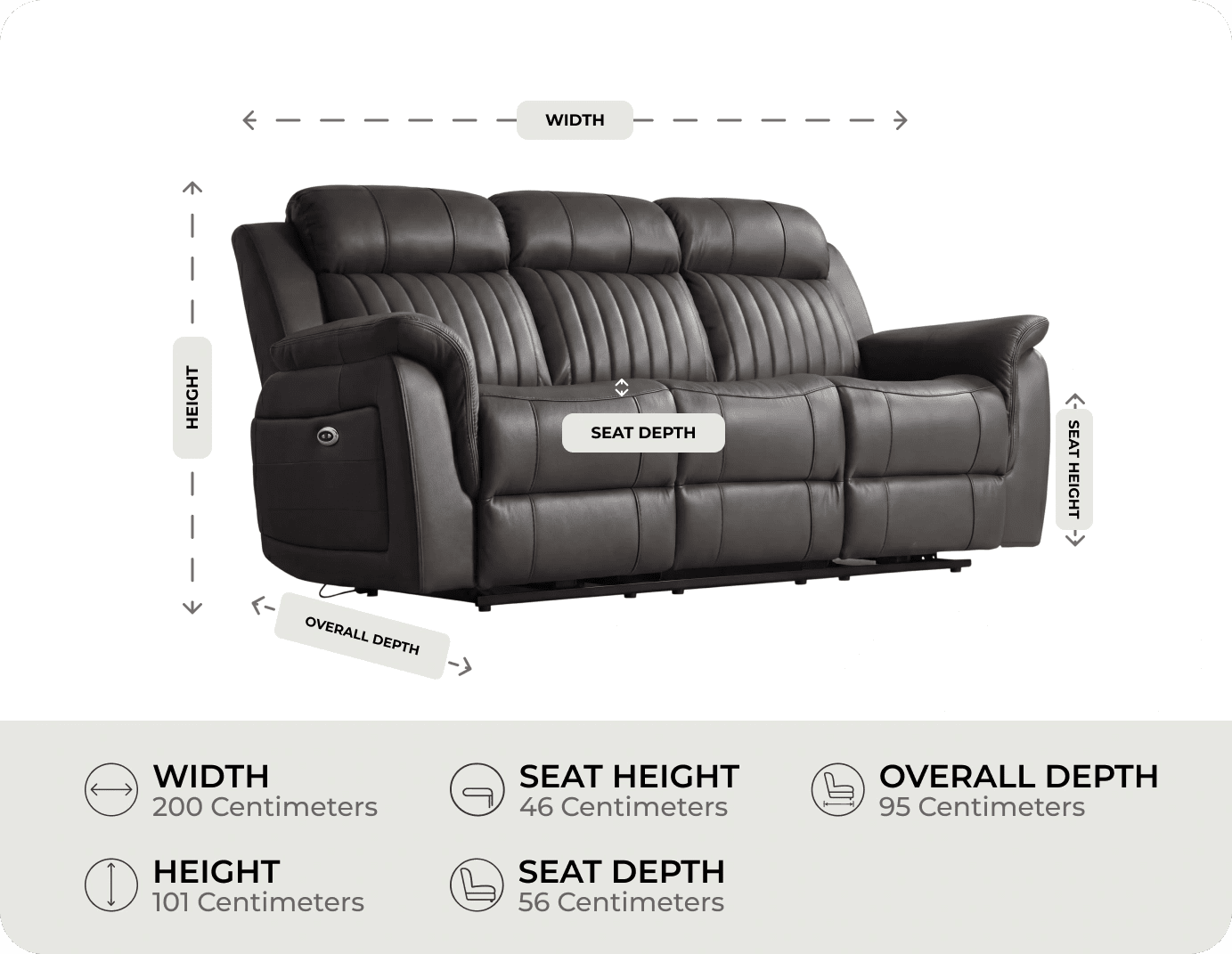 Martini Genuine Leather Grey Electric Power Recliner 3 Seater Sofa measurement 