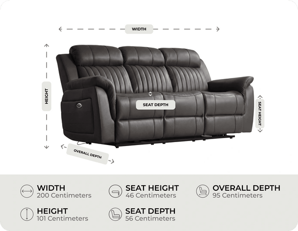 Martini Genuine Leather Grey Electric Power Recliner 3 Seater Sofa measurement 