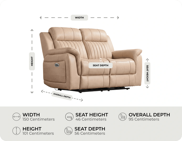 Martini Genuine Leather Cream Electric Power Recliner 2 Seater Sofa measurement