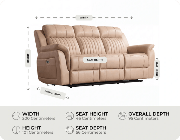 Martini Genuine Leather Cream Electric Power Recliner 3 Seater Sofa measurement