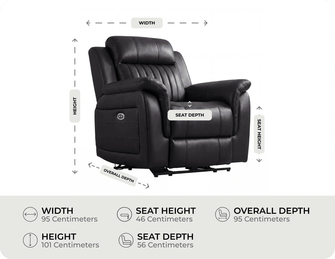 Martini Genuine Leather Black Electric Power Recliner Armchair measurement 