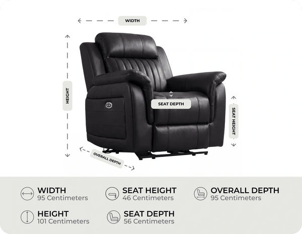 Martini Genuine Leather Black Electric Power Recliner Armchair measurement 