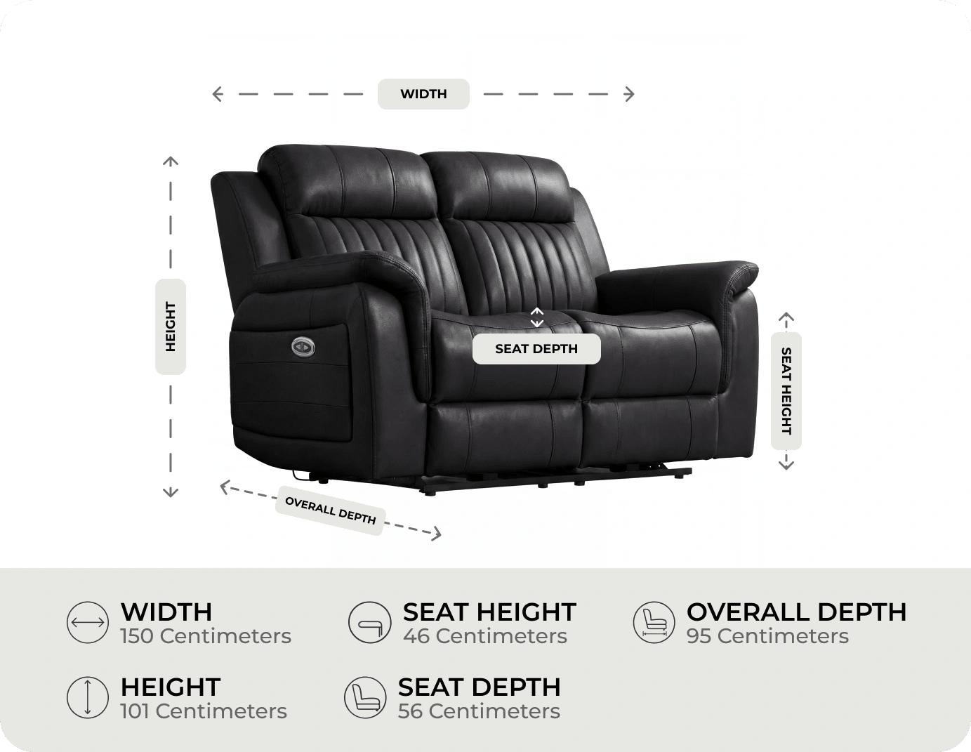 Martini Genuine Leather Black Electric Power Recliner 2 Seater Sofa measurement