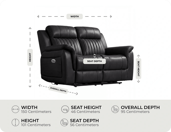 Martini Genuine Leather Black Electric Power Recliner 2 Seater Sofa measurement