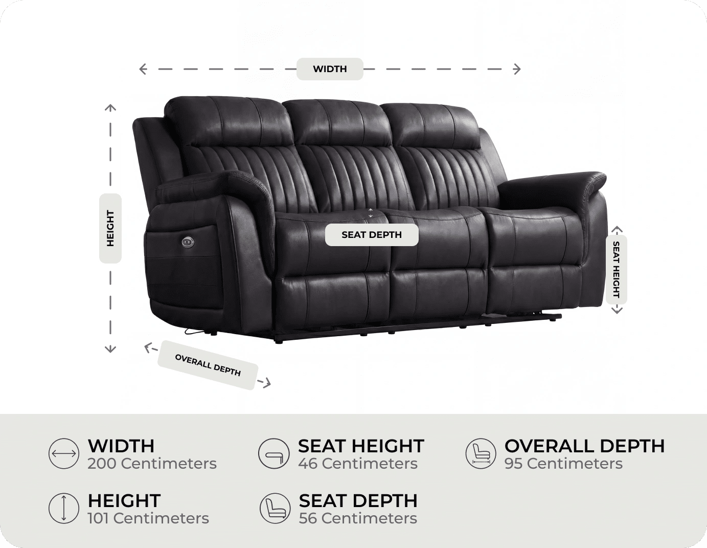 Martini Genuine Leather Black Electric Power Recliner 3 Seater Sofa measurement 