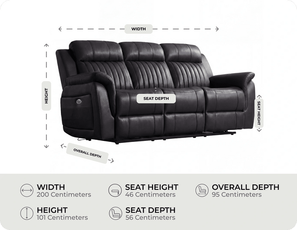Martini Genuine Leather Black Electric Power Recliner 3 Seater Sofa measurement 