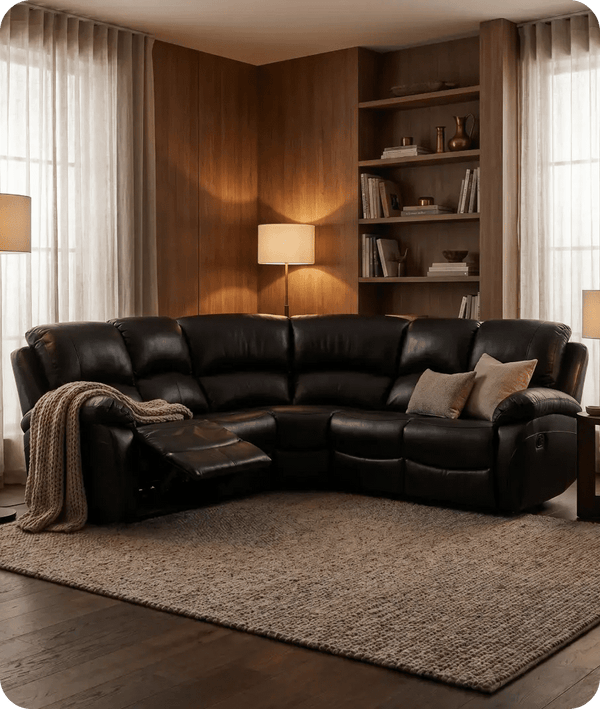 Serano Black Leather Manual Recliner 5 Seat Corner Sofa