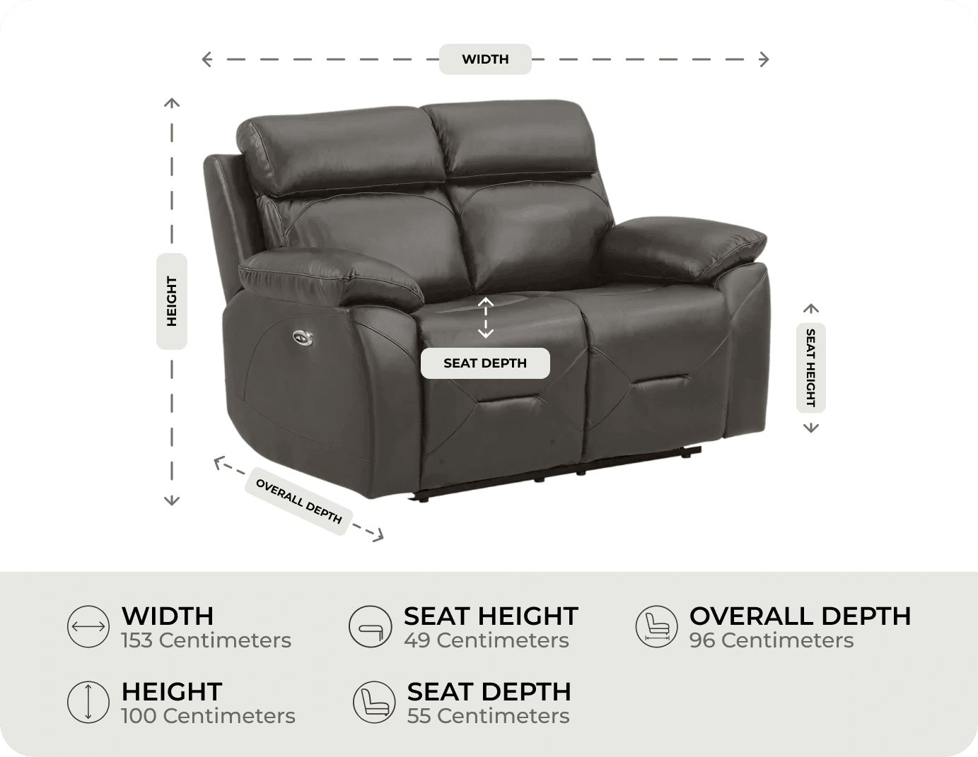 Milano Genuine Leather Grey Electric Power Recliner 2 Seater Sofa measurement 