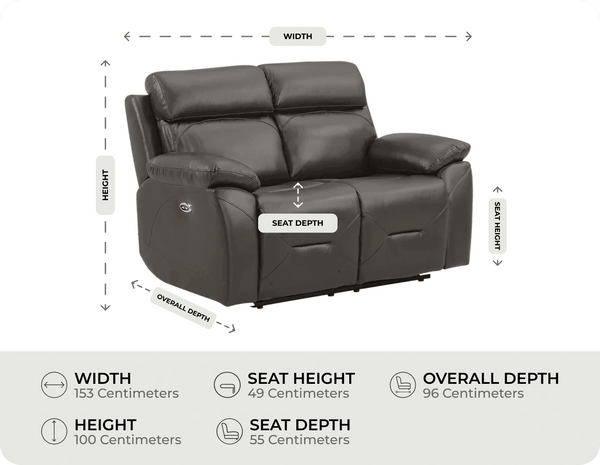 Milano Genuine Leather Grey Electric Power Recliner 2 Seater Sofa measurement 