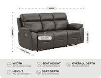 Milano Genuine Leather Grey Electric Power Recliner 3 Seater Sofa measurement