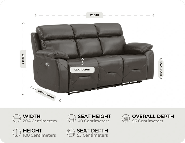 Milano Genuine Leather Grey Electric Power Recliner 3 Seater Sofa measurement