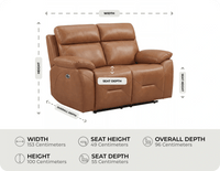 Milano Genuine Leather Caramel Electric Power Recliner 2 Seater Sofa  measurement 