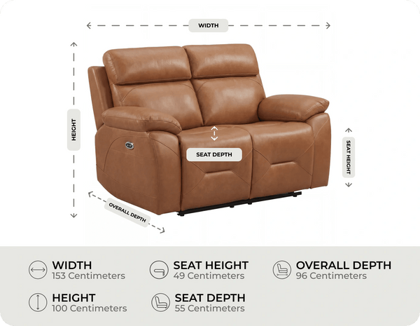 Milano Genuine Leather Caramel Electric Power Recliner 2 Seater Sofa  measurement 