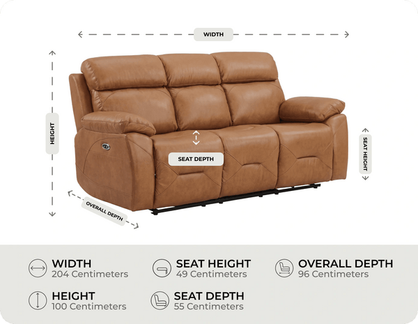 Milano Genuine Leather Caramel Electric Power Recliner 3 Seater Sofa measurement