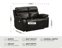 Milano Genuine Leather Black Electric Power Recliner 2 Seater Sofa measurement 