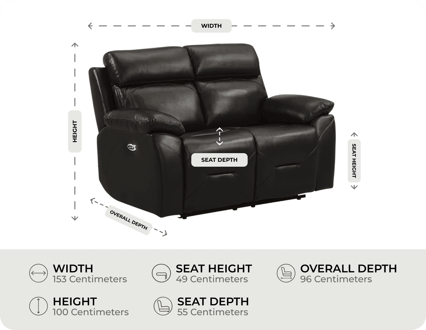 Milano Genuine Leather Black Electric Power Recliner 2 Seater Sofa measurement 