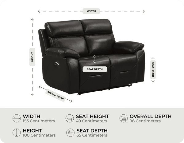 Milano Genuine Leather Black Electric Power Recliner 2 Seater Sofa measurement 