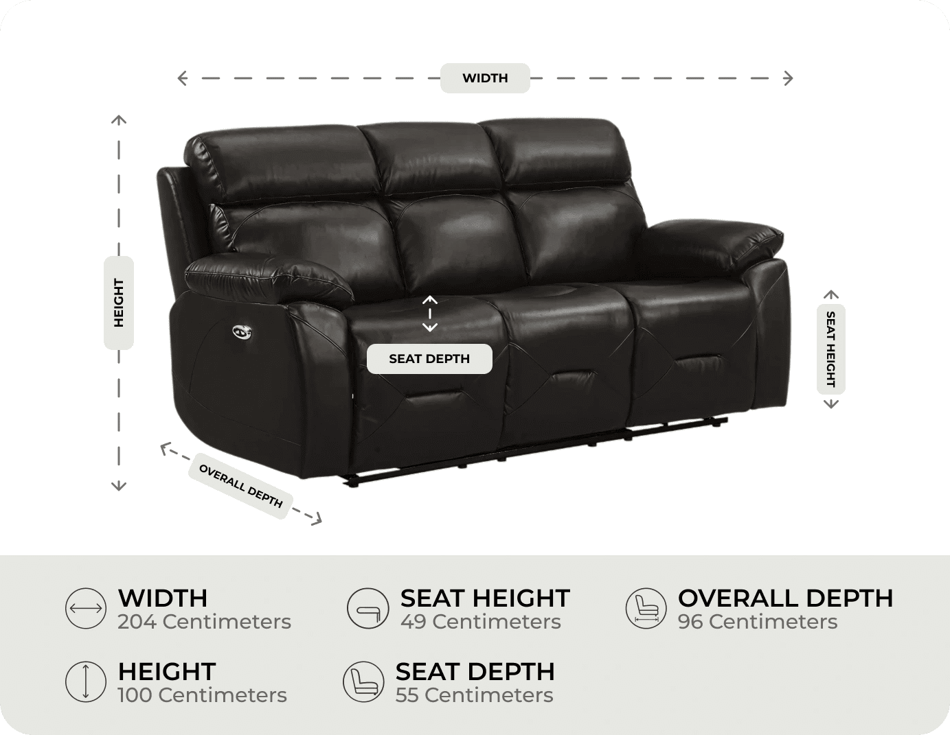 Milano Genuine Leather Black Electric Power Recliner 3 Seater Sofa measurement 