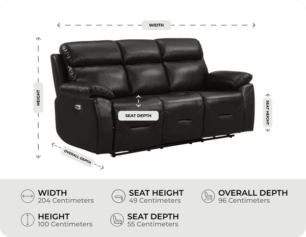 Milano Genuine Leather Black Electric Power Recliner 3 Seater Sofa measurement 