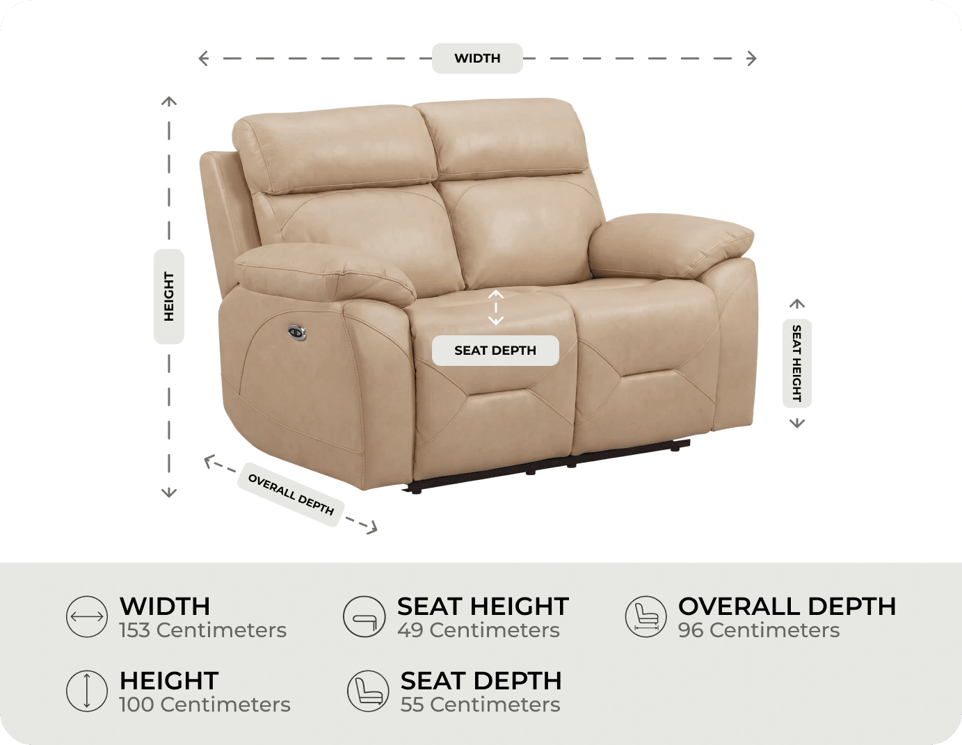 Milano Genuine Leather Cream Electric Power Recliner 2 Seater Sofa measurement 
