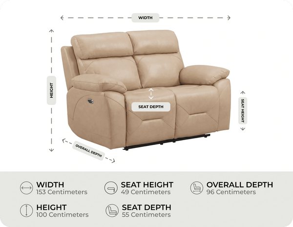 Milano Genuine Leather Cream Electric Power Recliner 2 Seater Sofa measurement 