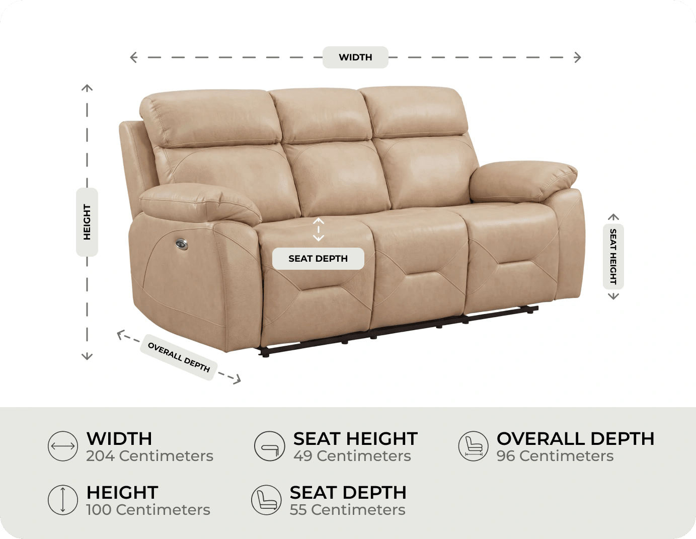 Milano Genuine Leather Cream Electric Power Recliner 3 Seater Sofa measurement 
