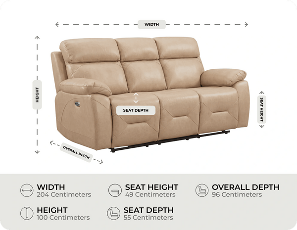 Milano Genuine Leather Cream Electric Power Recliner 3 Seater Sofa measurement 