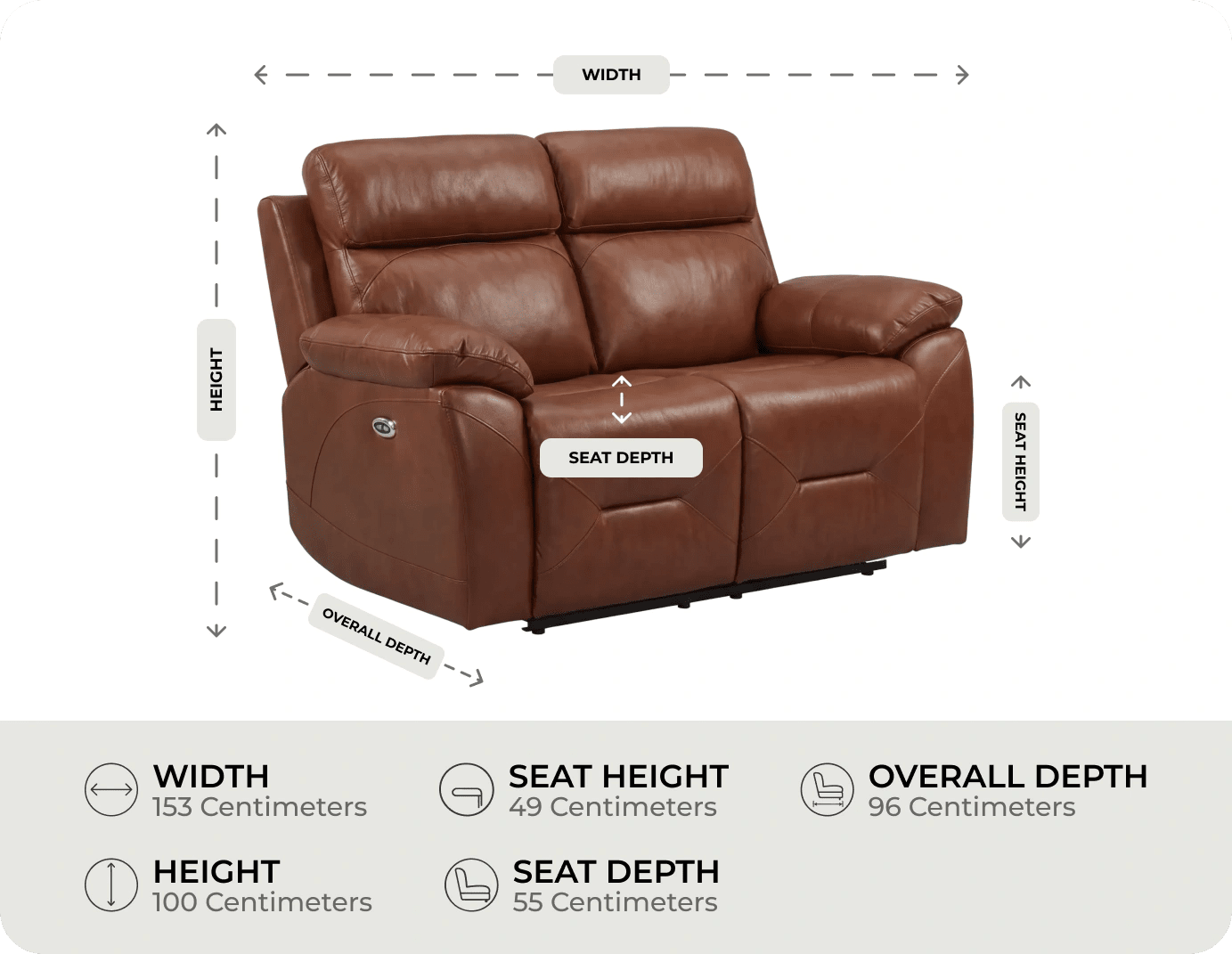 Milano Genuine Leather Tan Electric Power Recliner 2 Seater measurement 