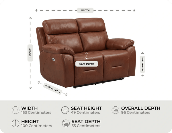 Milano Genuine Leather Tan Electric Power Recliner 2 Seater measurement 