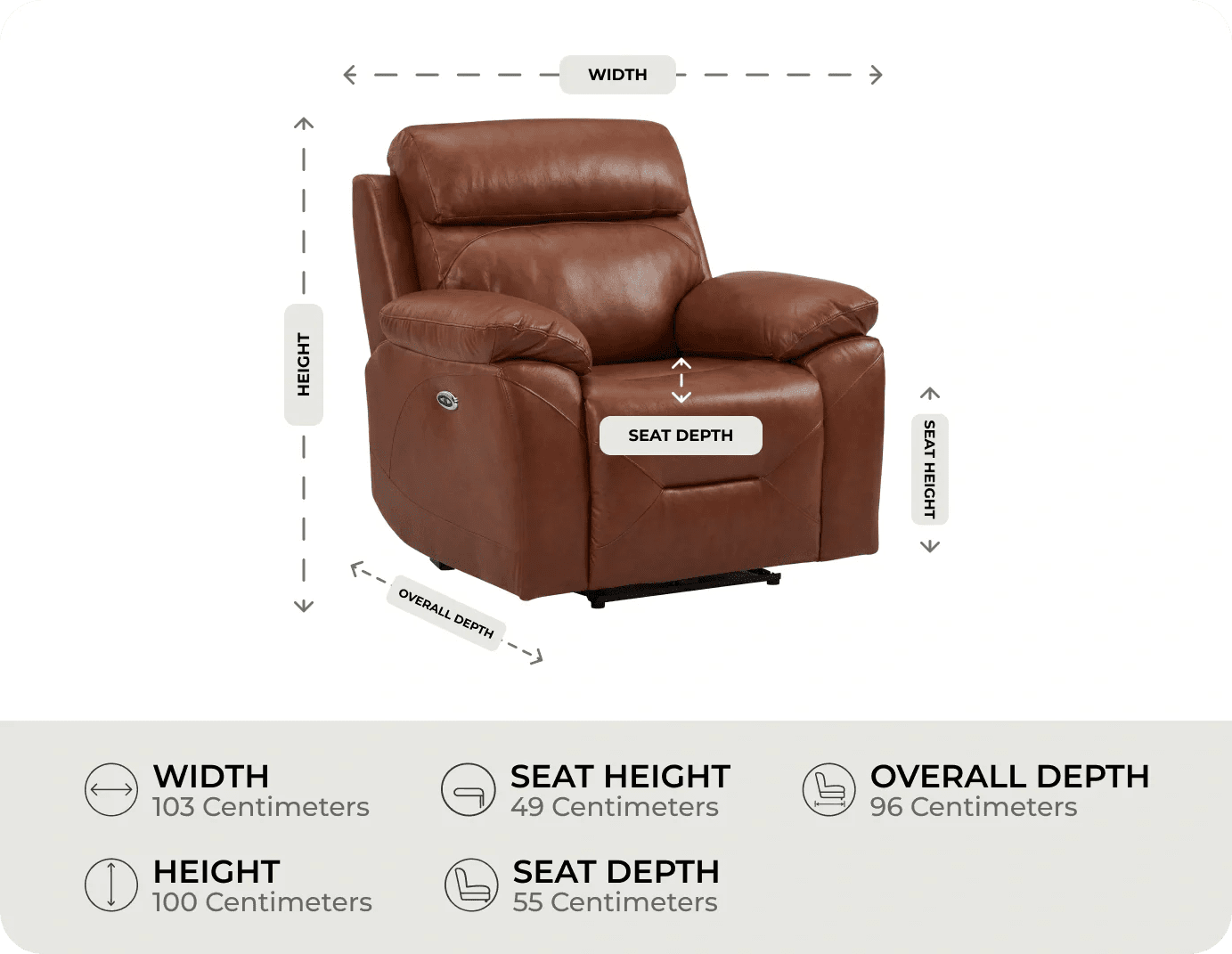 Milano Tan Power Recliner Armchair measurement