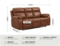 Milano Genuine Leather Tan Electric Power Recliner 3 Seater measurement 
