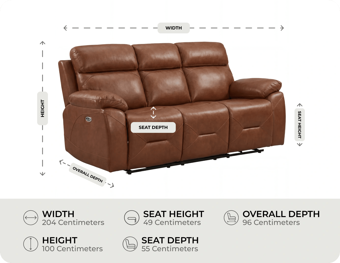 Milano Genuine Leather Tan Electric Power Recliner 3 Seater measurement 