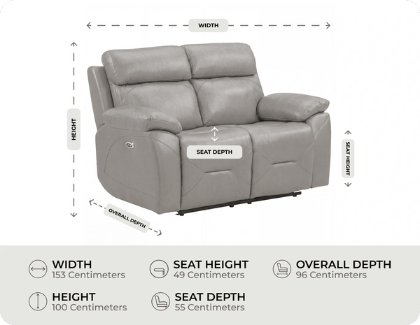 Milano Genuine Leather Light Grey Electric Power Recliner 2 Seater Sofa measurement 