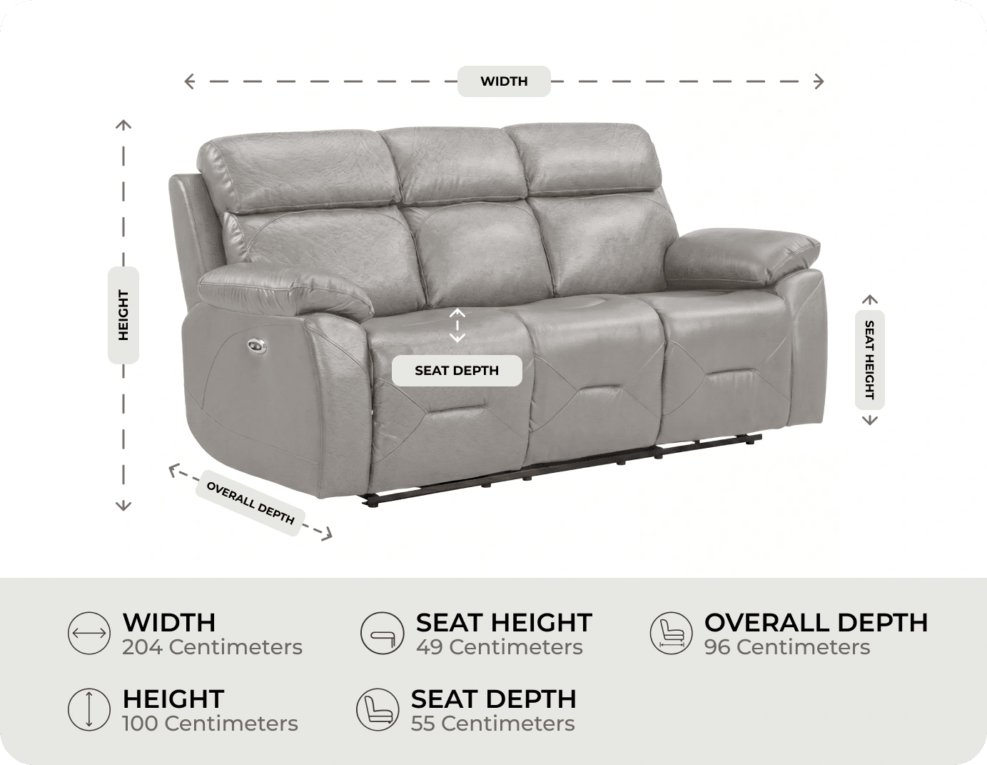 Milano Genuine Leather Light Grey Electric Power Recliner 3 Seater Sofa measurement 