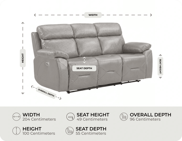 Milano Genuine Leather Light Grey Electric Power Recliner 3 Seater Sofa measurement 