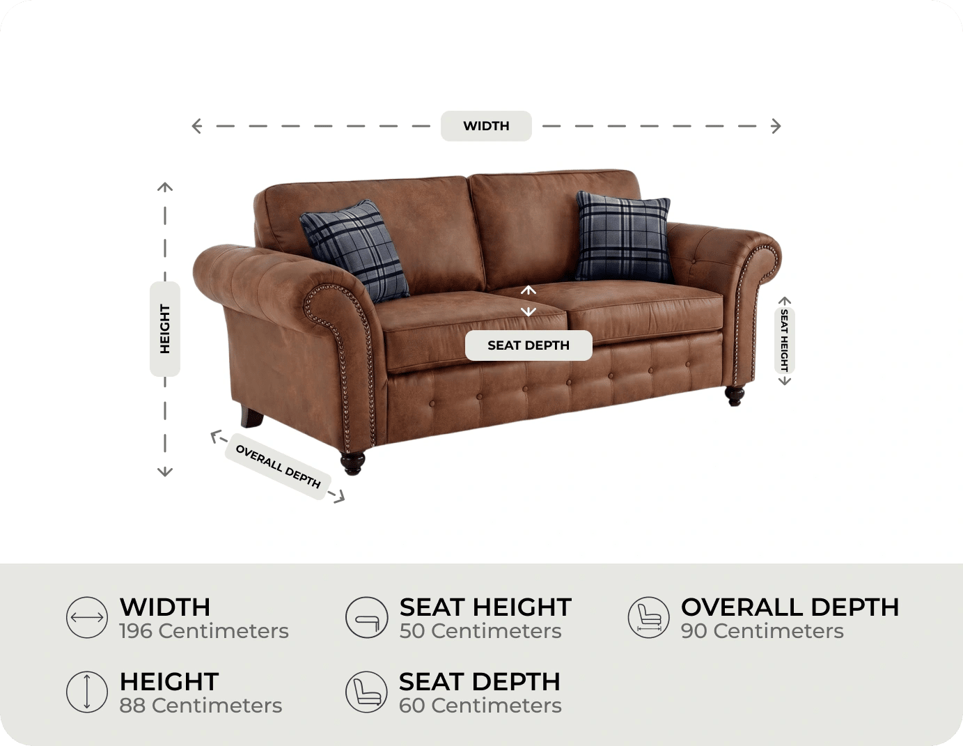 Savile Tan Suede 3 Seater Sofa measurement