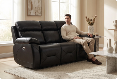 Milano Genuine Leather Black Electric Power Recliner 3 Seater Sofa