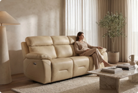Milano Genuine Leather Cream Electric Power Recliner 3 Seater Sofa