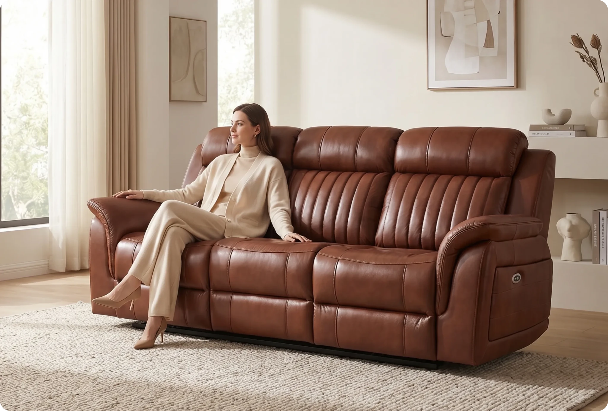 Martini Genuine Leather Tan Electric Power Recliner 3 Seater Sofa