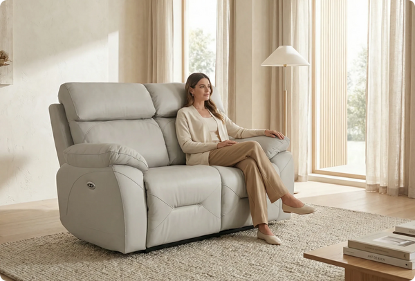 Milano Genuine Leather Light Grey Electric Power Recliner 2 Seater Sofa