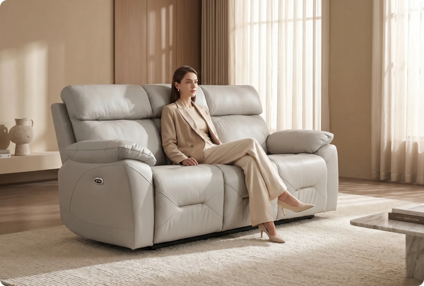 Milano Genuine Leather Light Grey Electric Power Recliner 3 Seater Sofa