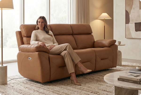 Milano Genuine Leather Caramel Electric Power Recliner 3 Seater Sofa