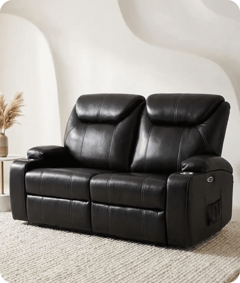 Cinemax Black Electric 2 Seater Leather Recliner Sofa With Two Cup Holders