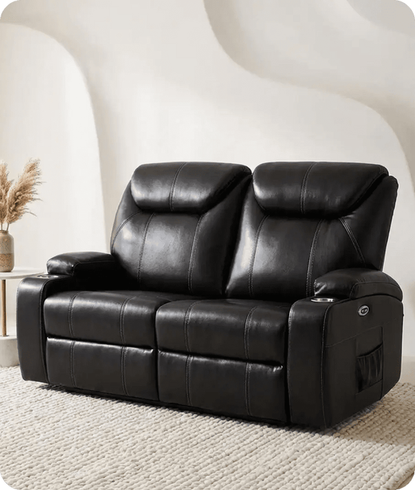 Cinemax Black Electric 2 Seater Leather Recliner Sofa With Two Cup Holders